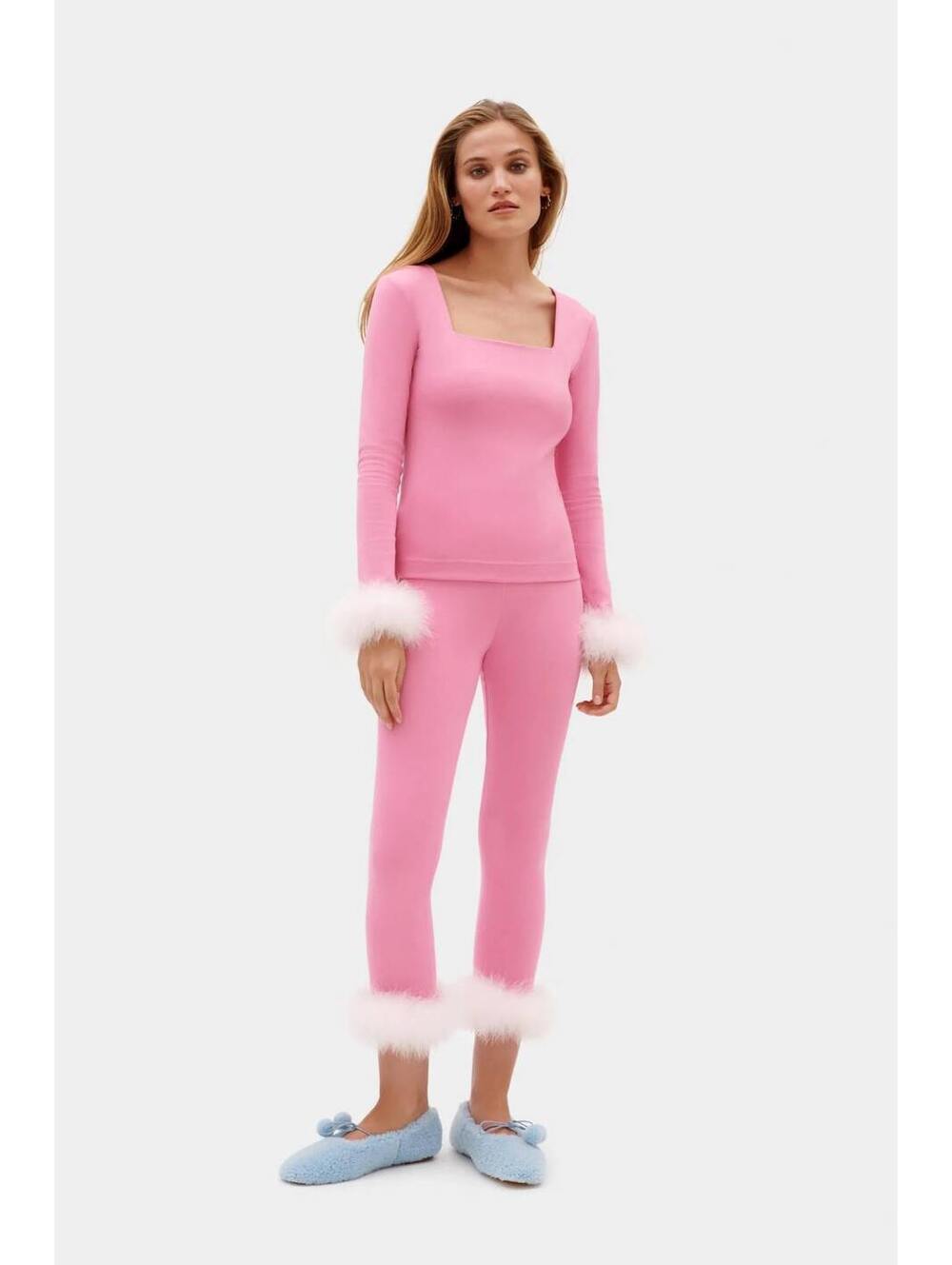 Sleeper Weekend Chic Pink Feather Trim Top & Pants Set XS $480